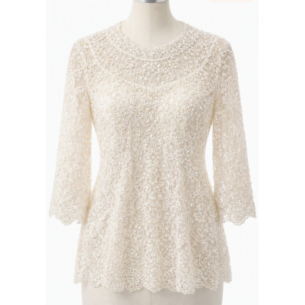 Ellos Sheer Lace Womans Top with Cami Biege Size 18 Keyhole Back Romantic NWOT